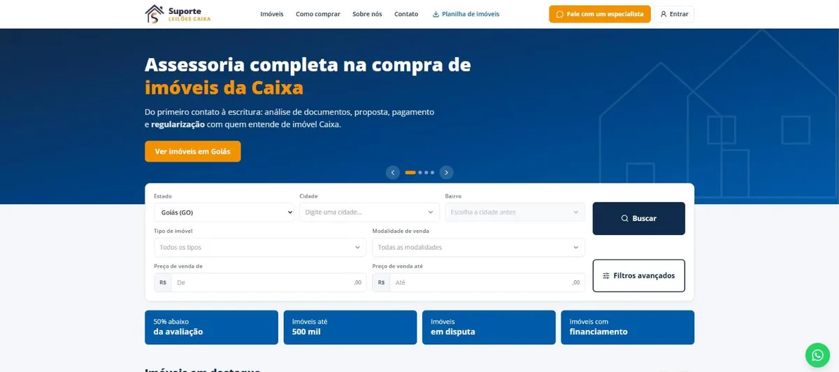 Página inicial do site Suporte Leilões Caixa